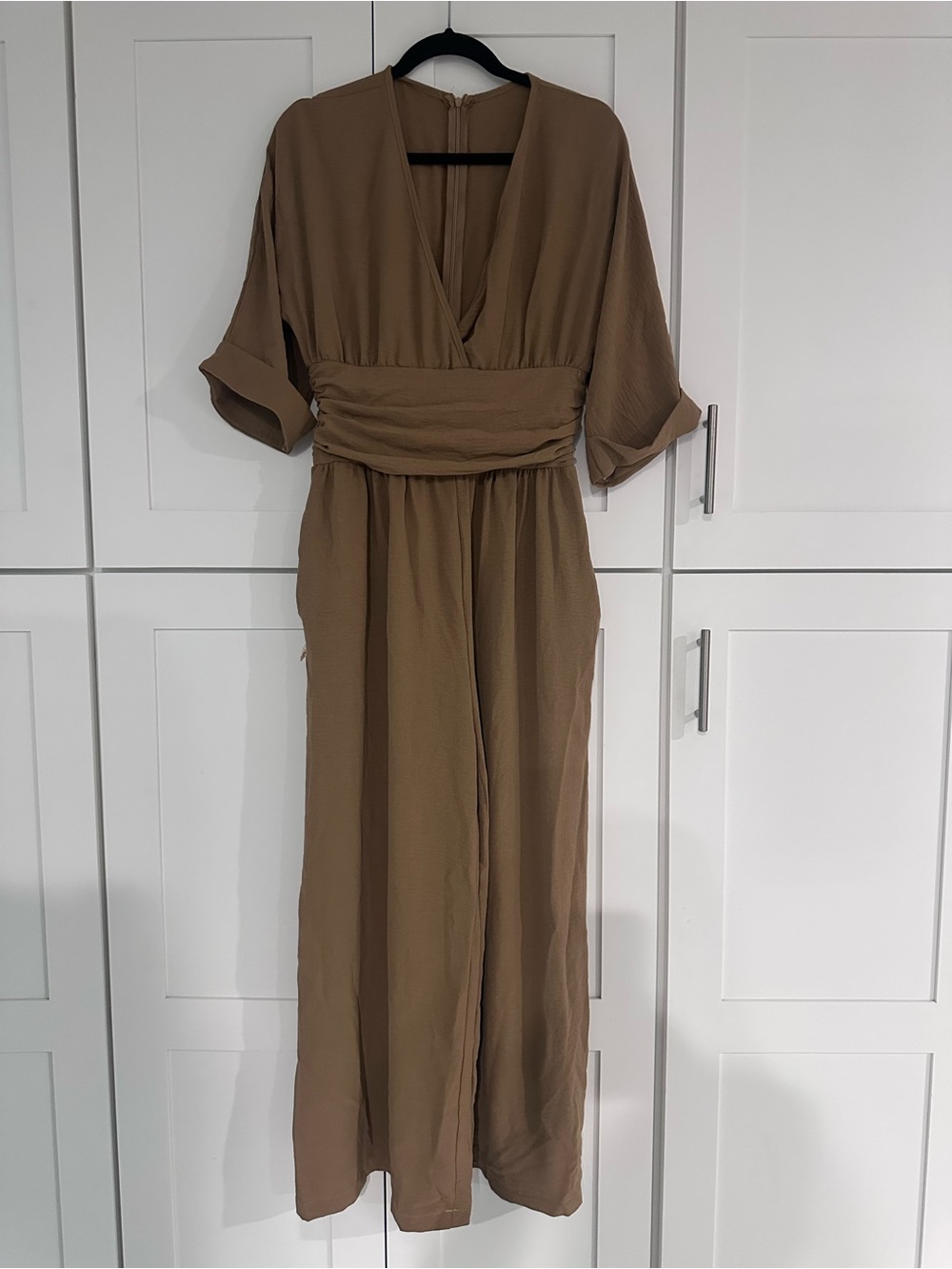 Women's V-Neck Taupe Wrap Waist Jumpsuit L